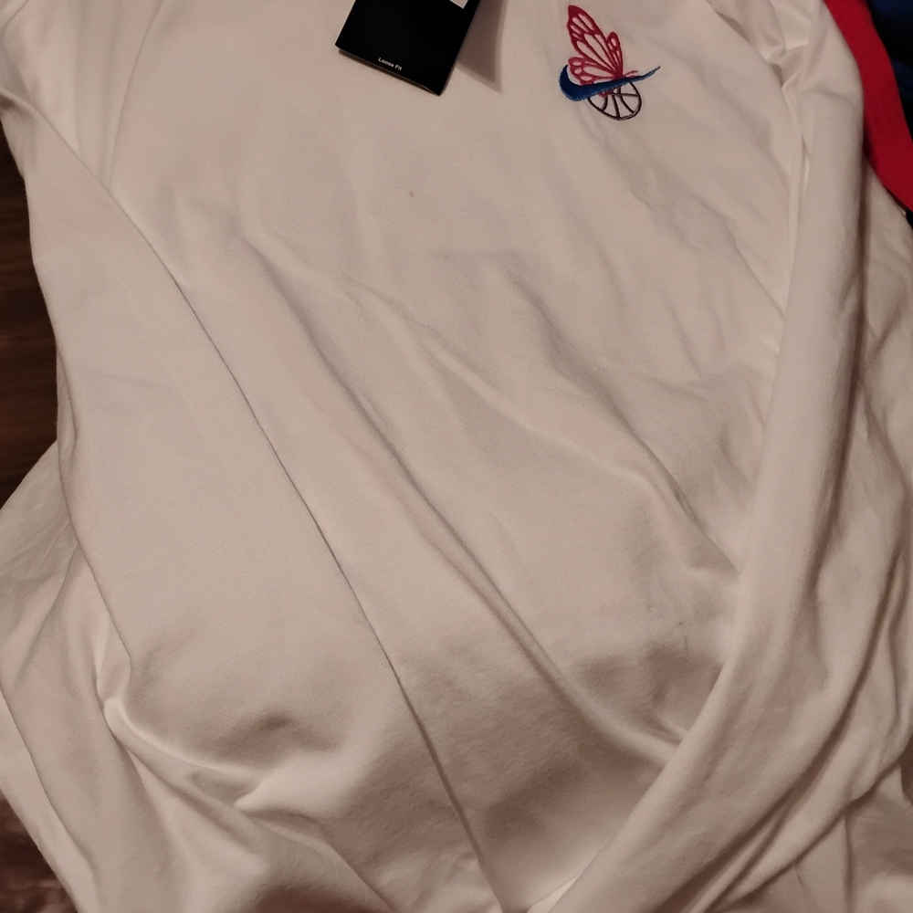 Nike White Long Sleeve Tee with Red and Blue Logo